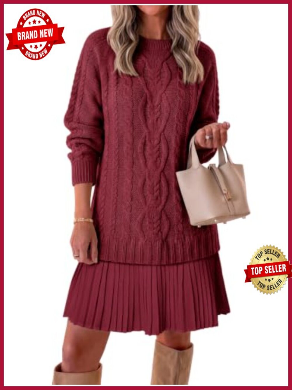 Cable Knit Sweater Dress Pleated Mini Crewneck Long Sleeve Chunky Preppy